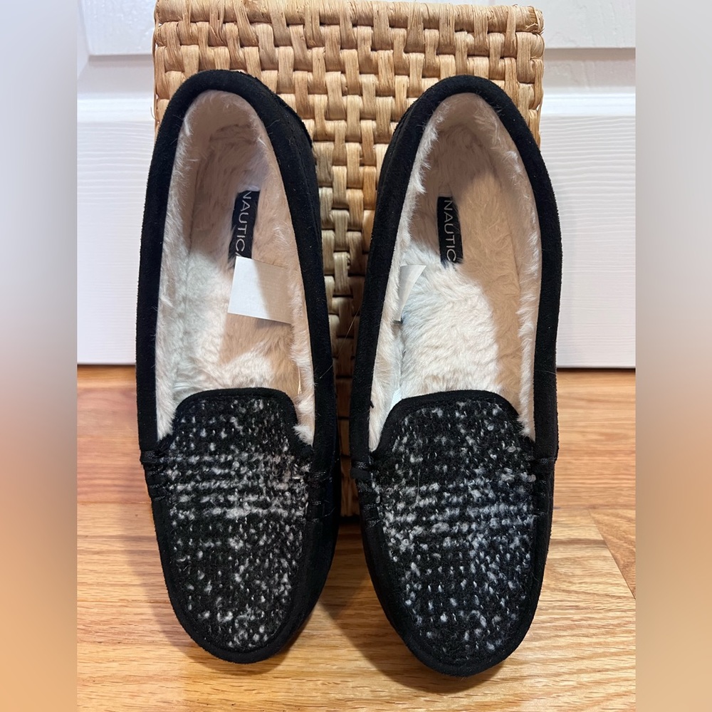New Nautical black and white suede slippers women’s